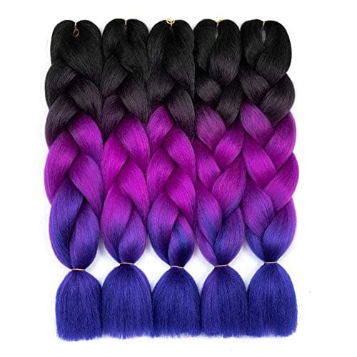 Ombre Kanekalon Braiding Hair 5 Pack Ombre Jumbo Braiding Hair Extensions 24 Inch Jumbo Braid Synthetic Hair for Braiding (5 pack, Black-Purple-Blue)