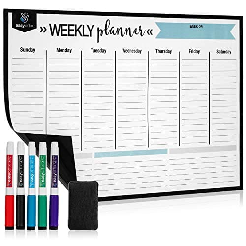 Magnetic Dry Erase Weekly Calendar Set by Easy Offix - 17x12" Stain Resistant Refrigerator Whiteboard - 5 Fine Tip Markers & Large Eraser with Magnets - Fridge Planner White Board Wall List Organizer