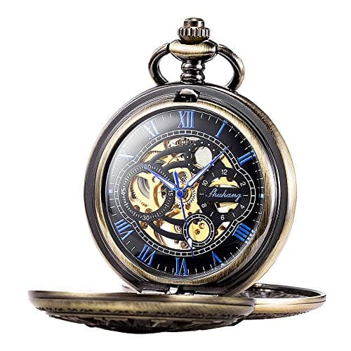 SIBOSUN Pocket Watch Skeleton Mechanical Double Case Hand-Wind Roman Numerals Antique Chain Mens