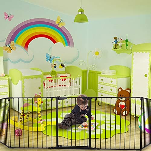 SSLine Extra Wide Playard Baby Gate 5 Panel Adjustable Baby Safety Fence Fireplace Hearth Gate, Pet Dog Gate with Walk Through Door Hardware Mounted or Free Standing (123 L x 30 H)"