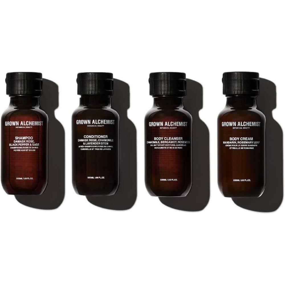 Grown AlchemistTravel Essentials Kit: Pack of 4 Body Cleanser, Body Cream, Shampoo and Conditioner - Insued with Damask Rose, Black Pepper, Chamomile, Bergamot - 50mL