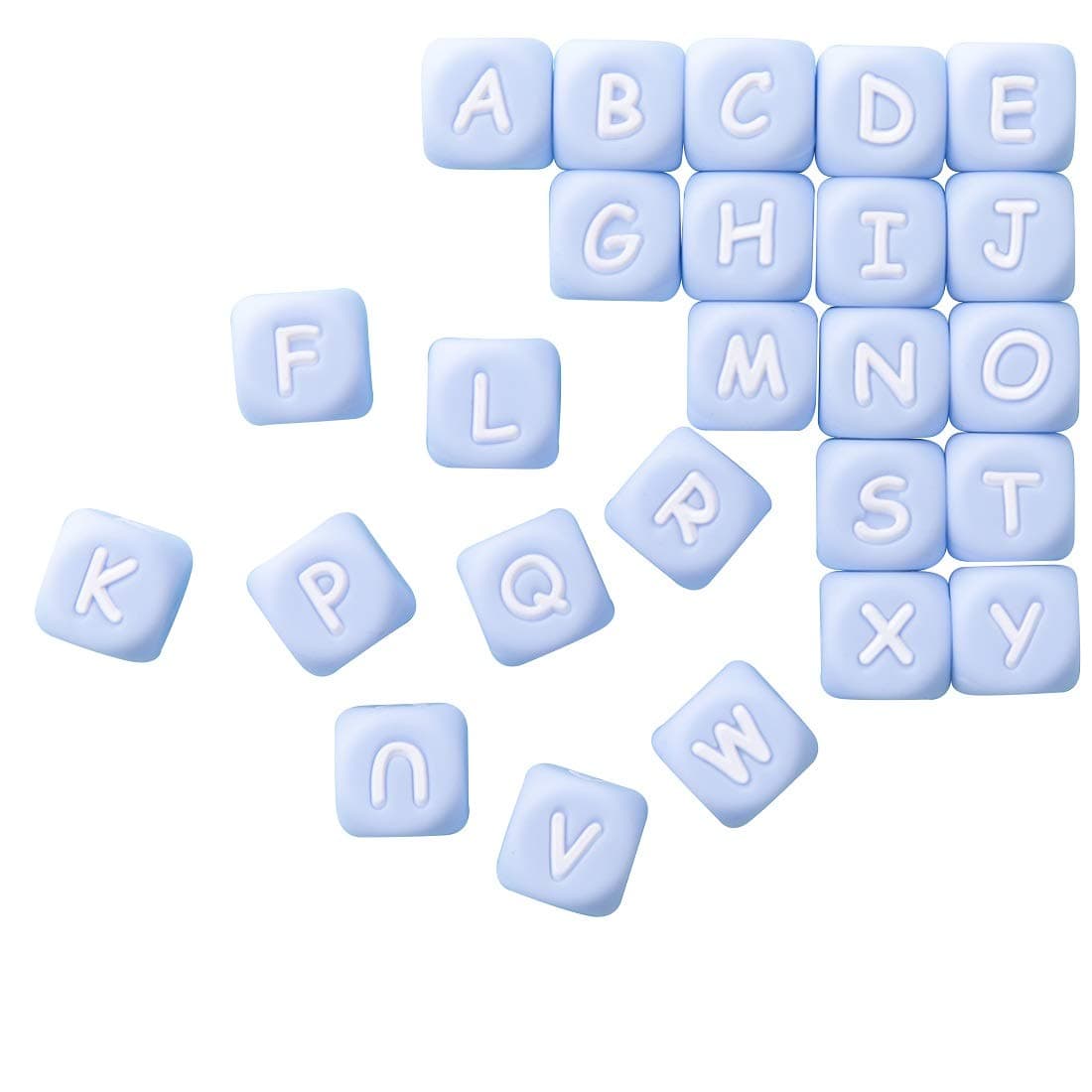 Promise Babe Silicone Letter Beads A-Z 26pcs 12mm Food Grade Teething Beads Cube Alphabet Beads BPA Free for Bracelet, Necklace DIY and Baby Sensory Toys (Candy Blue)