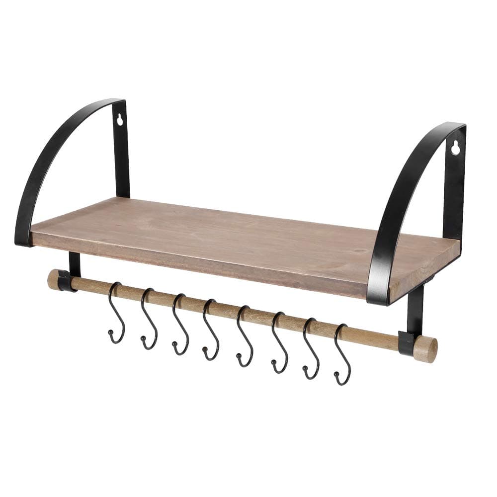 Vencipo Floating Shelves Wall Mount for Kitchen Spice Rack with 8 Hooks Organizer, Rustic Farmhouse Wood wall shelf for bathroom with Towel Bar.