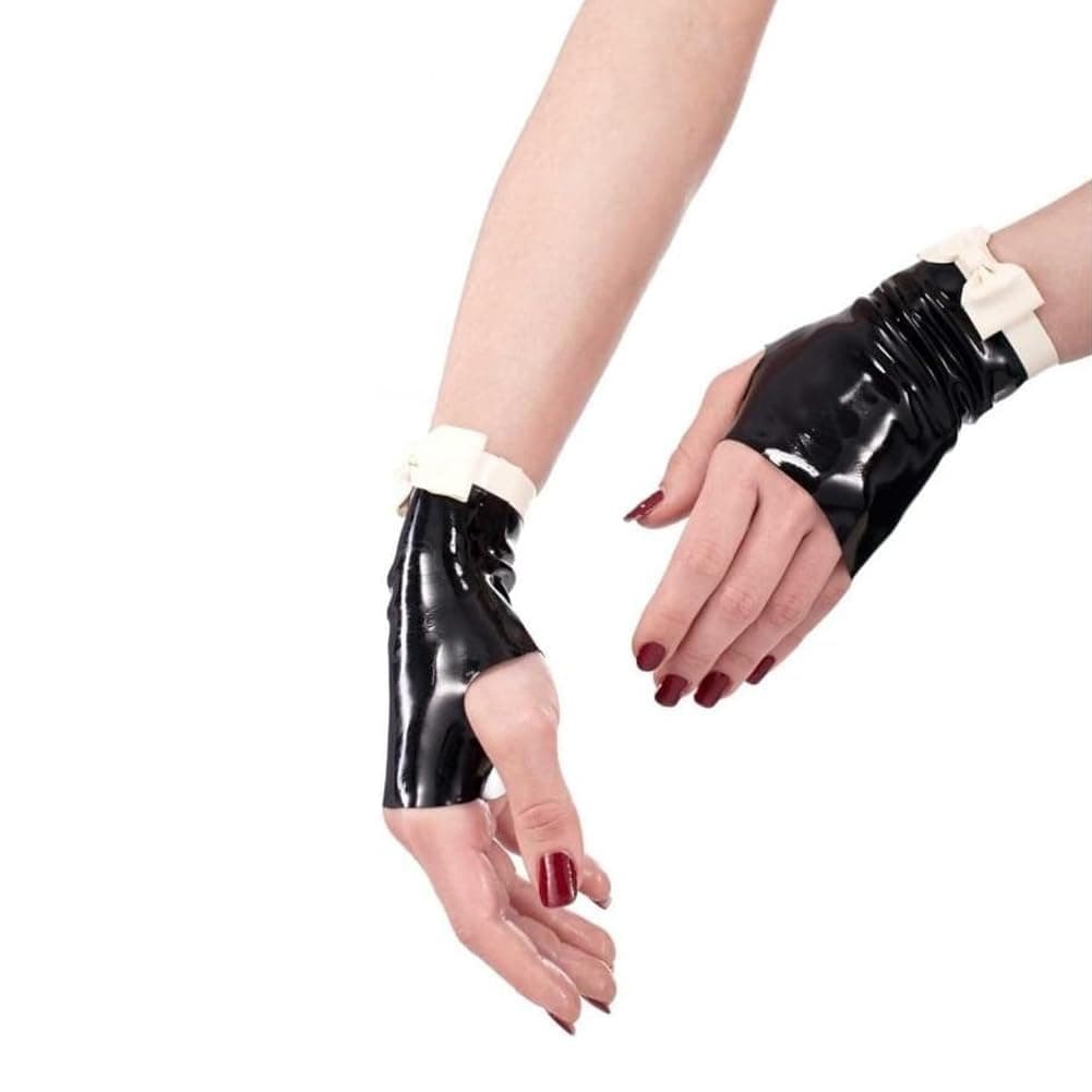 Latex Short Gloves Rubber Gauntlets with Trim Color Bow Fingerless Gloves