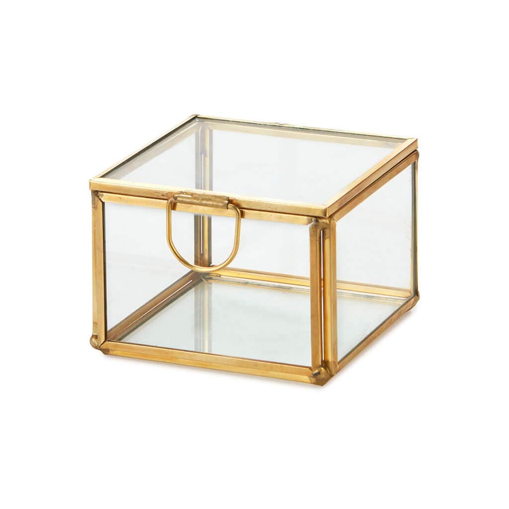 ARTINCO Art India Collections Square Brass Glass Box with Lid and Mirror Base, Glass Display Box Gold 8x8x5 cm