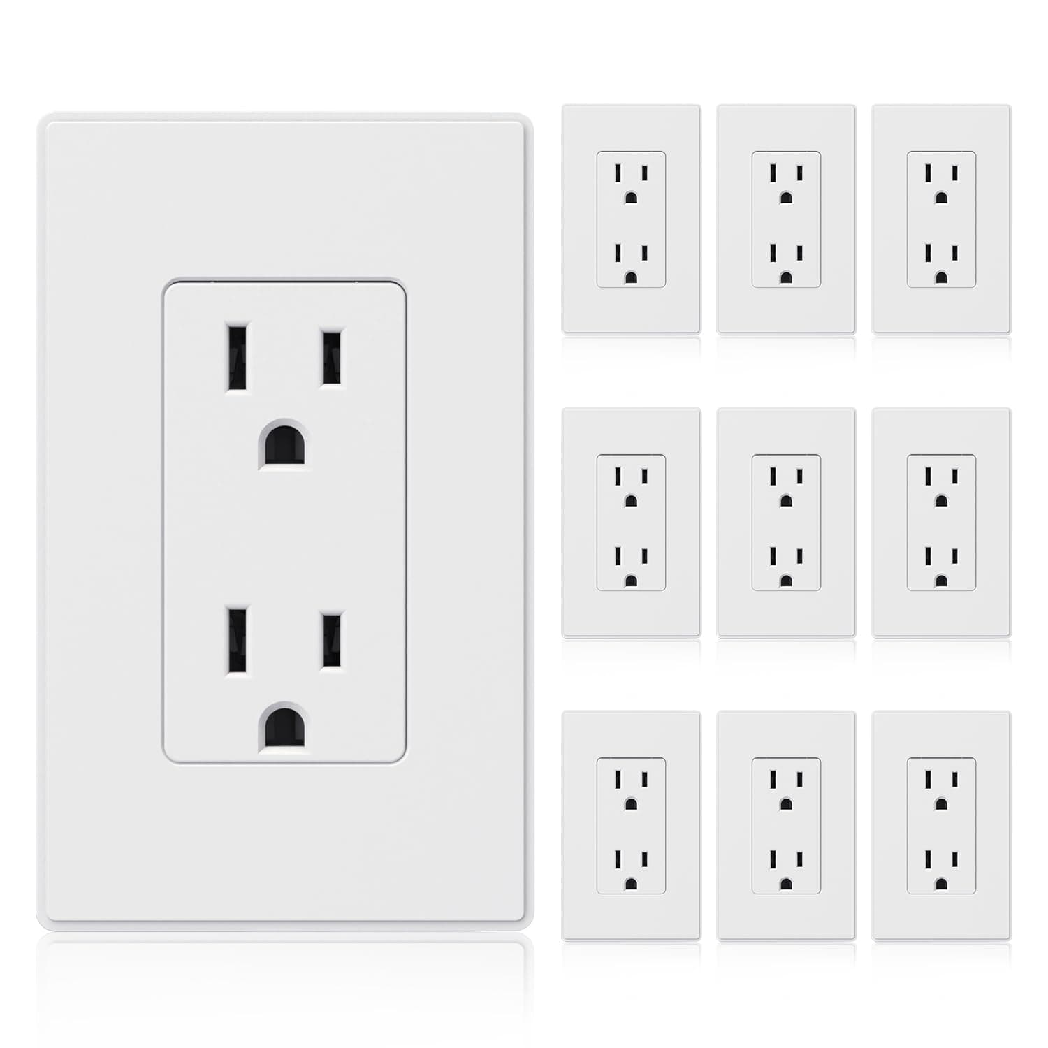 ELEGRP Matte White Standard Decorator Electrical Wall Receptacle Outlet, 15A 125V, 2 Pole 3 Wire, Non-Tamper Resistant, NEMA 5-15R, Self-Grounding, Wall Plate Included, UL Listed, 10 Pack