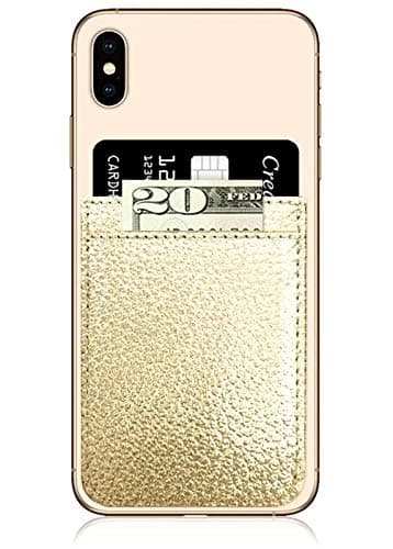 iDecoz Phone Pockets - Stick On Credit Card Wallet - Slim Card Holder - Universal fit - Apple – iPhone – Samsung – Galaxy - and More. (Gold Leather)