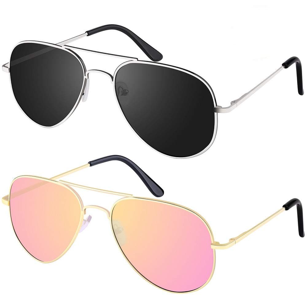 [2 Pack]Elimoons Sunglasses for Men Women Aviator Polarized Metal Mirrored, UV400 Lens Protection, Silver/Black + Gold/Pink