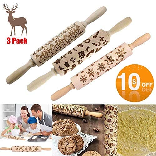 WAQIA Christmas Wooden 3D Rolling Pins,Embossing Natural Wood Carved Engraved Rolling Pin with Christmas Pattern for Baking Embossed Cookies,Rolling Pin Kitchen Tool
