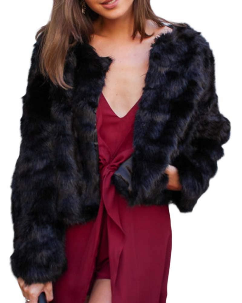 GAMISOTE Womens Faux Fur Jacket Open Front Shaggy Long Sleeve Fashion Warm Outwear Coat Black