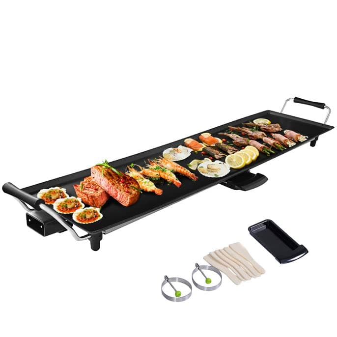 GiantexUK Teppanyaki Grill Table, Non-Stick Electric Barbecue Griddle with 6 Wooden Shovels and 2 Egg Rings, 1800W/2000W Electric BBQ Hot Plate, Adjustable Temperature & Easy Cleaning (90 x 23 cm)
