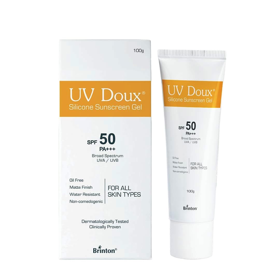 Brinton UV Doux Silicone Sunscreen Gel with SPF 50 and PA+++ Broad Spectrum for Face & Body with No White Cast Non Comedogenic, Paraben Free Clinically Proven & Dermatologist Approved,100gm