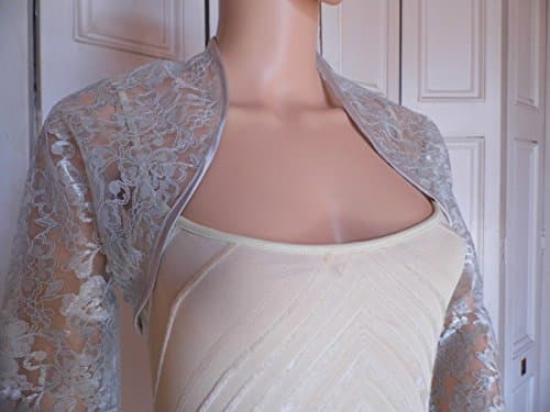 Silver lace three-quarter length sleeved bolero/shrug/jacket with satin edging Size 14