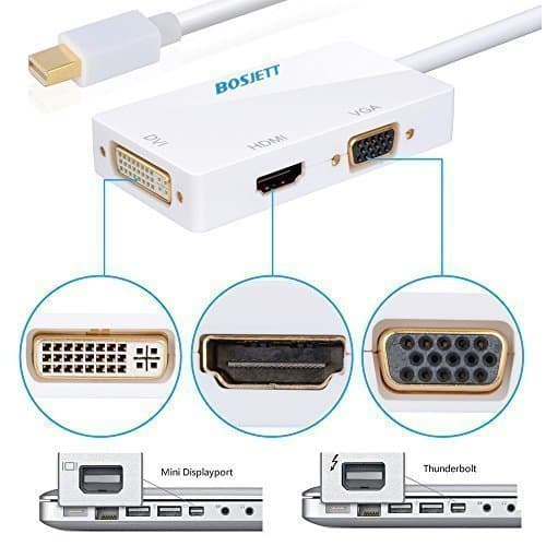 Bosjett® Primium Golden-plated Mini Displayport DP Thunderbolt Male to DVI VGA HDMI Female TV AV Video HDTV Adapter Cable 3 In1 for Mac, Macbook, Macbook Pro, Macbook Air, iMac, Surface Pro 1 2 3, Lenovo Thinkpad X1 Carbon, X230/240s - White