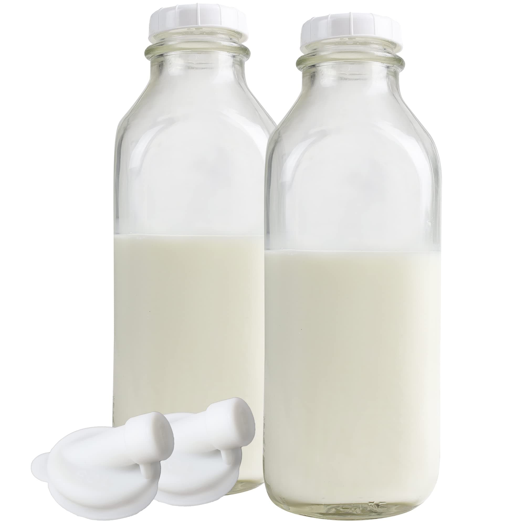 1 Ltr. (33.8 oz.) Glass Milk Bottle Vintage Style with Cap & NEW Silicone Pour Spouts! (2 Pack)