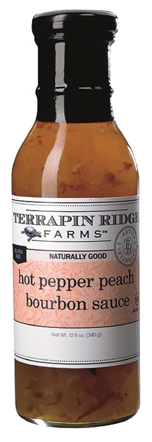 Farms Hot Pepper Peach Bourbon Sauce – Sweet & Spicy Gourmet Glaze and Topping – 12 Fl Oz Bottle