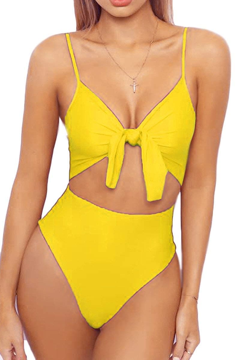 Womens High Waisted Bikini Spaghetti Strap Tie Knot Front Cutout High Cut One Piece Swimsuit (X-Large, Yellow)