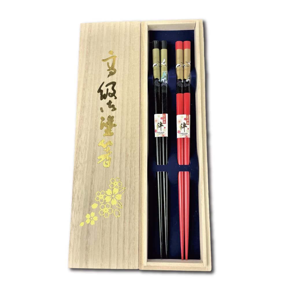 - Premium Japanese Chopsticks Reusable 2prs Set [ Made in Japan ] Traditional Lacquer Art Wooden Chopsticks A (Golden Crane BK/RD(2KR001))