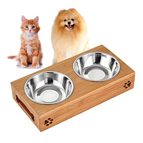 Bamboo Dog Cat Bowls, Raised Stand Pet Food Water Bowl MATIXING Wooden Elevated Pet Bowls Stainless Steel Double Bowl for Small Dogs and Cats