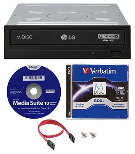 LG WH16NS60 16x Internal Blu-ray BDXL M-Disc Drive (with Ultra HD 4K Playback) Bundle with 100GB Verbatim M-Disc BDXL,Cyberlink and Cable