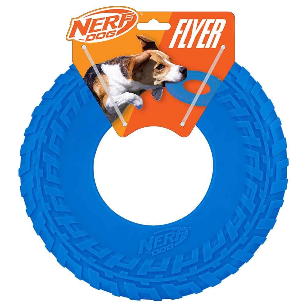 Nerf Dog Rubber Tire Flyer Dog Toy, Flying Disc, Lightweight, Durable, Floats in Water, Great for Beach and Pool, 10 Inch Diameter, for Medium/Large Breeds, Single Unit, Blue, Original