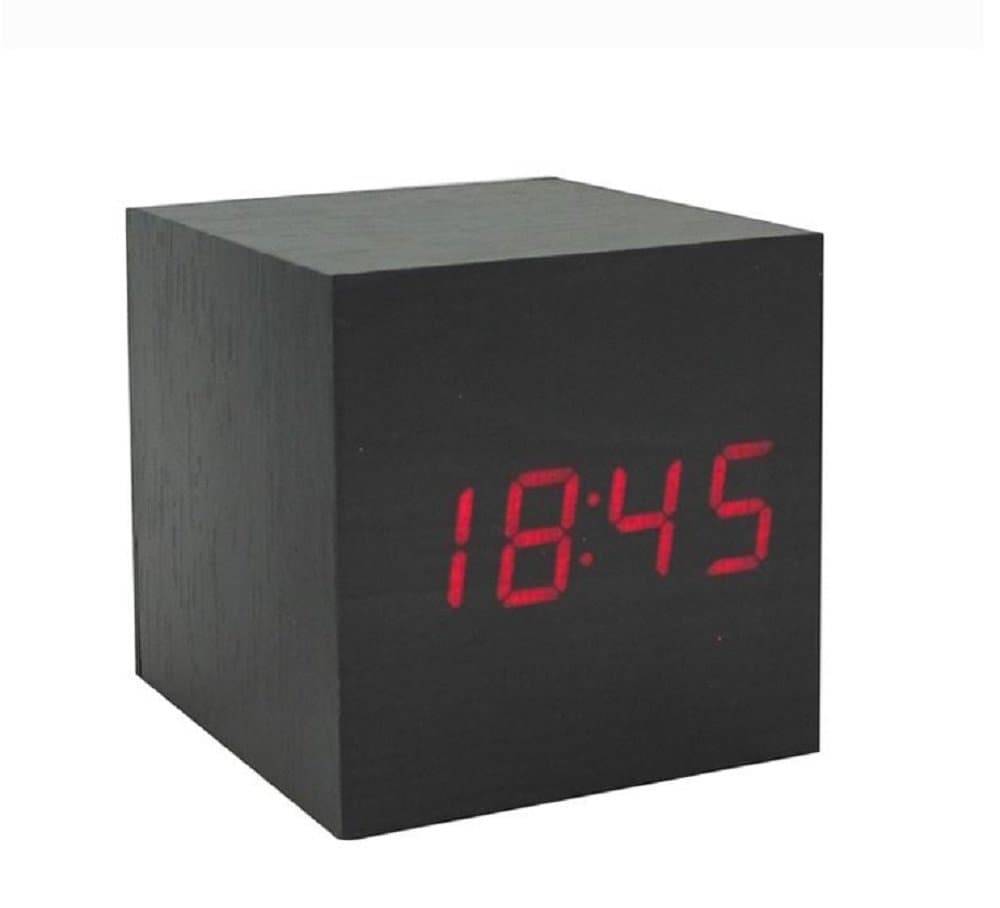 sdber Fashion Cube Mini Black Wood Grain Red LED Light Alarm Clock with Time and Temperature Display & Sound Control