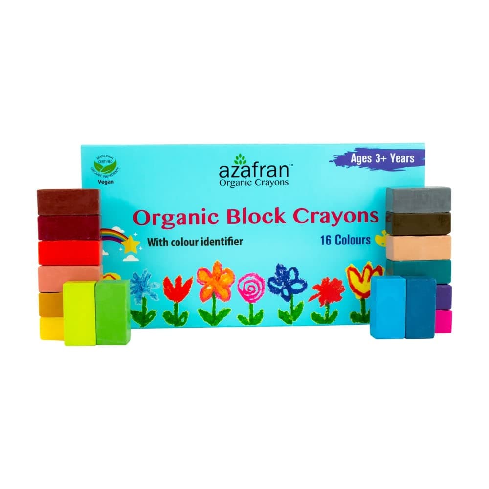 Azafran Non Toxic Organic Block Crayons 16 Colors for Toddlers - Plant Based, Natural Hypoallergenic Jumbo Crayons in Crayon Box, Non Greasy, Food Grade Colors, Paraffin free, 4.23 oz (120 Gram)