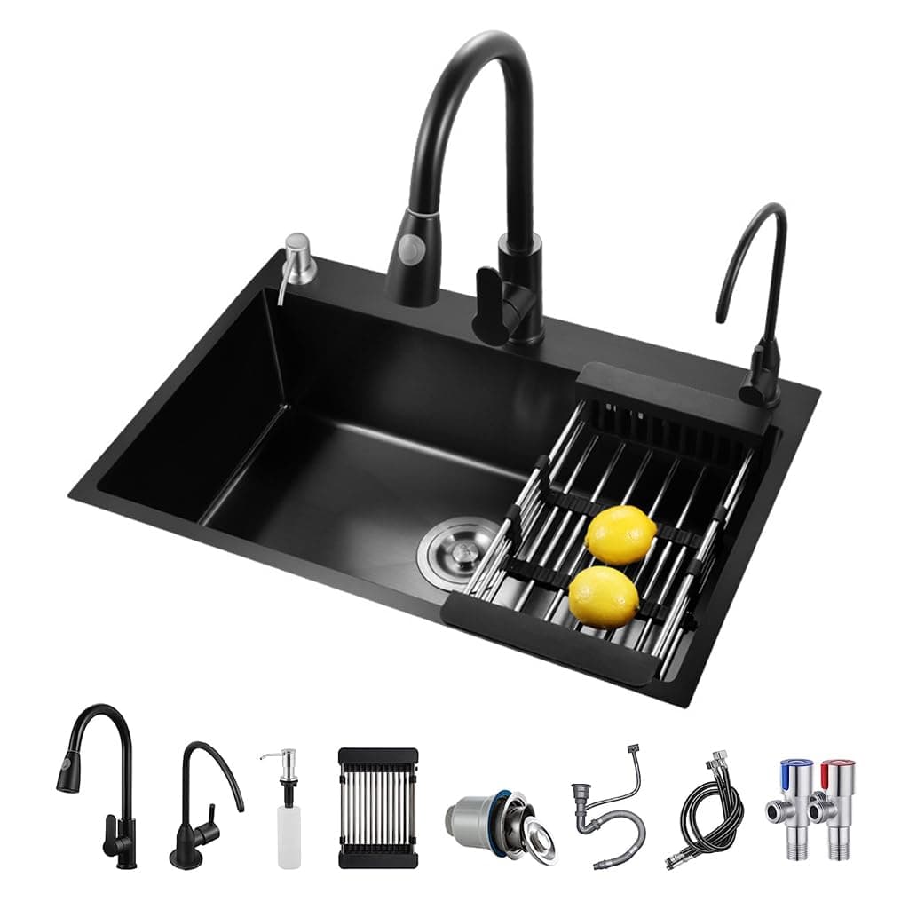 Black Kitchen Sink, Stainless Steel Single Bowl Sink, Drop In/Topmount Workstation Sink with Sliding Accessories, Farmhouse Workstation sink with Multiple Accessories (19.7 x 17.7in), RXZE031