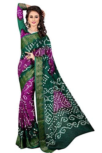 Divine International Trading Co Women's Art Silk Printed Tie and Dye Bandhani Sarees with Blouse Piece Fabric Div-01d(Green+Purple)