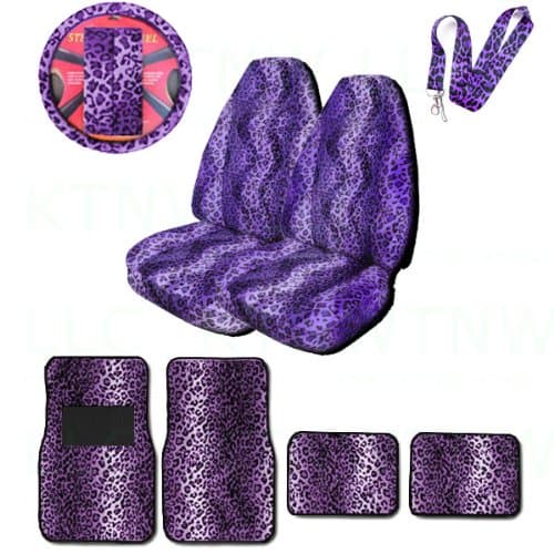 A Set of Animal Print Front and Back Floor Mats, 2 High Back Seat Covers, Wheel Cover, 2 Shoulder Pads, and Lanyard Key Chain - Leopard Purple - Leopard Purple