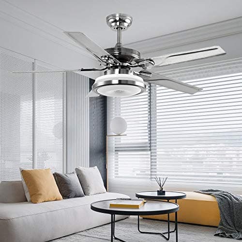 LuxureFan 48Inch Modern Led Ceiling Fan Light Led Light 3 Colors Change 5 Stainless Steel Blades Decoration Home Ceiling Fan with Remote