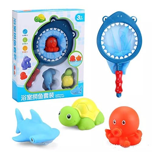 Bath Toy with Fishing Net Floating Animals Playing Water Toy Water Squirting Baby Bathroom Pool Accessory for Kids with Box Pack