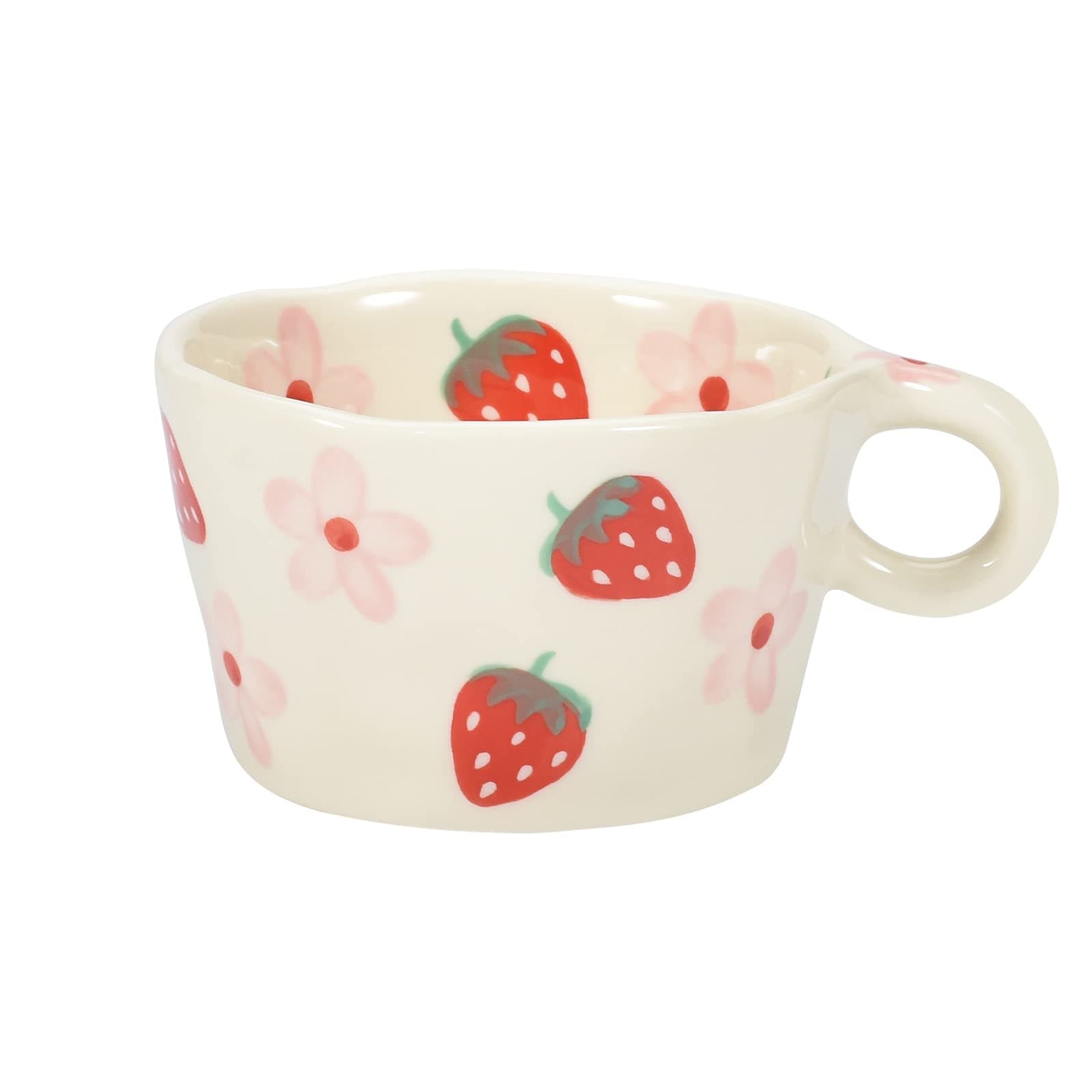 Ceramic Coffee Mug, Cute Creative Hand Printed Mug Design for Office and Home, Dishwasher and Microwave Safe, 6.5 oz/200 ml for Latte Tea Milk (Strawberries and Flowers)