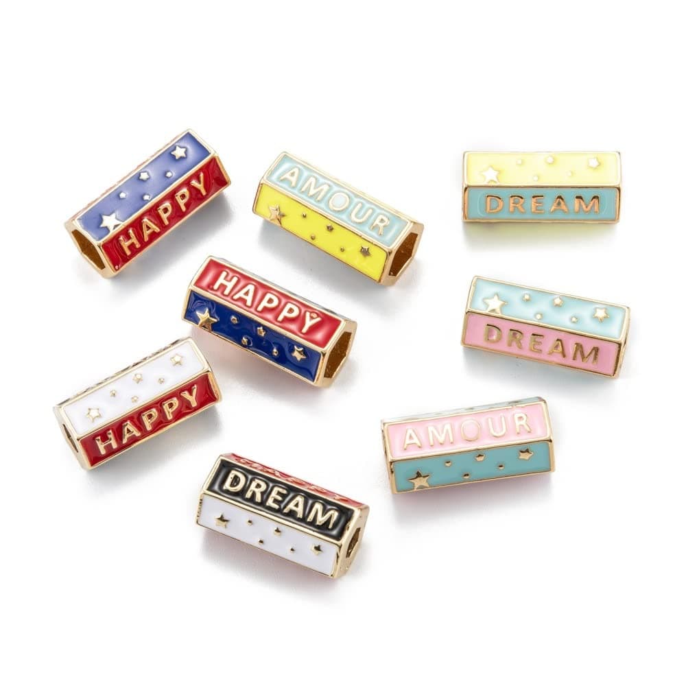 LiQunSweet 5 Pcs Random Color Gold Plated Tube Bar Spacer Beads with Enamel Message Word Bead for Jewelry Crafts Making - 21.5x11mm