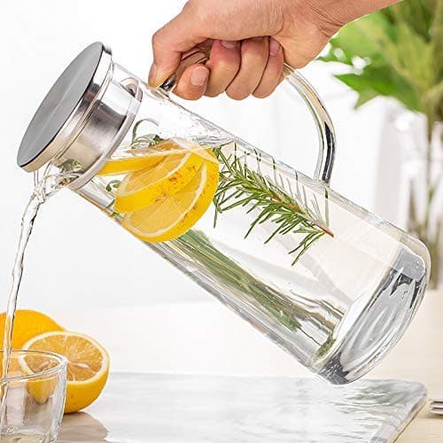 Lawei Borosilicate Glass 1.3 LTR Water Jug with Handle, Juice Beverage Carafe with Stainless Steel Lid, Big Glass Iced Tea Pitcher, Set of (1)