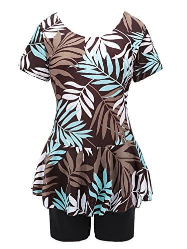Knaspor One Piece Swim Dress Modest Swimsuit for Women Floral Leaf Print Short Sleeve Swimwear