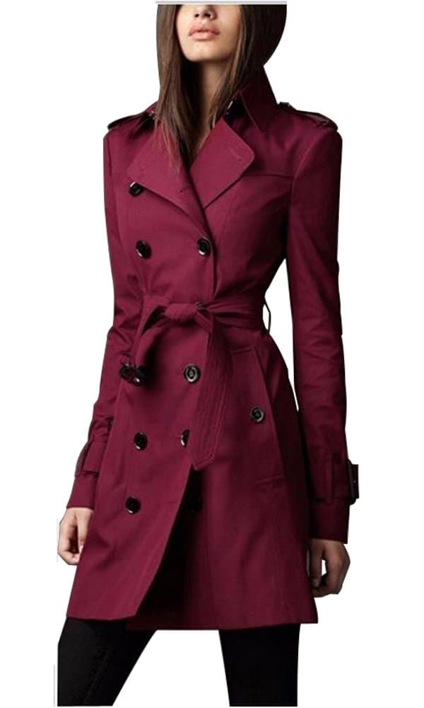 EORISH Womens British Style Elegant Double Breasted Slim Long Trench Coat Basic Windbreaker (Wine Red, S)
