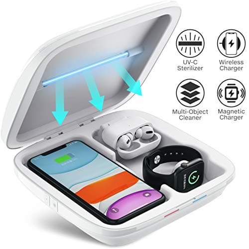 UV Sanitizer 3-in-1 Wireless Charger for Smartphone Smartwatch Earbuds Multi-Function Charging Station Cell Phone Cleaner for iOS Android Devices, Jewelry, Watch, Masks