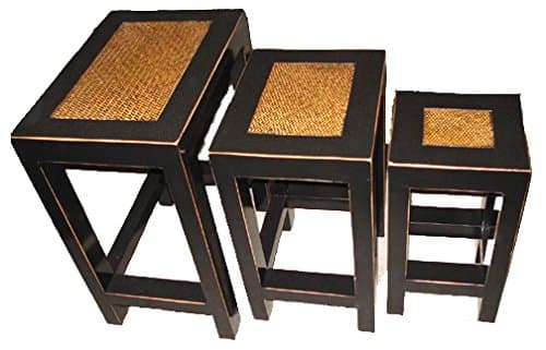 OPIUM OUTLET Set of 3 Chinese wooden stools chairs fitting together with Rattan surface from China decoration furniture