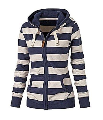 SHIBEL Unisex Long Sleeve Stripe Pocket Zipper Hooded Sweatshirt Coat Blue XL
