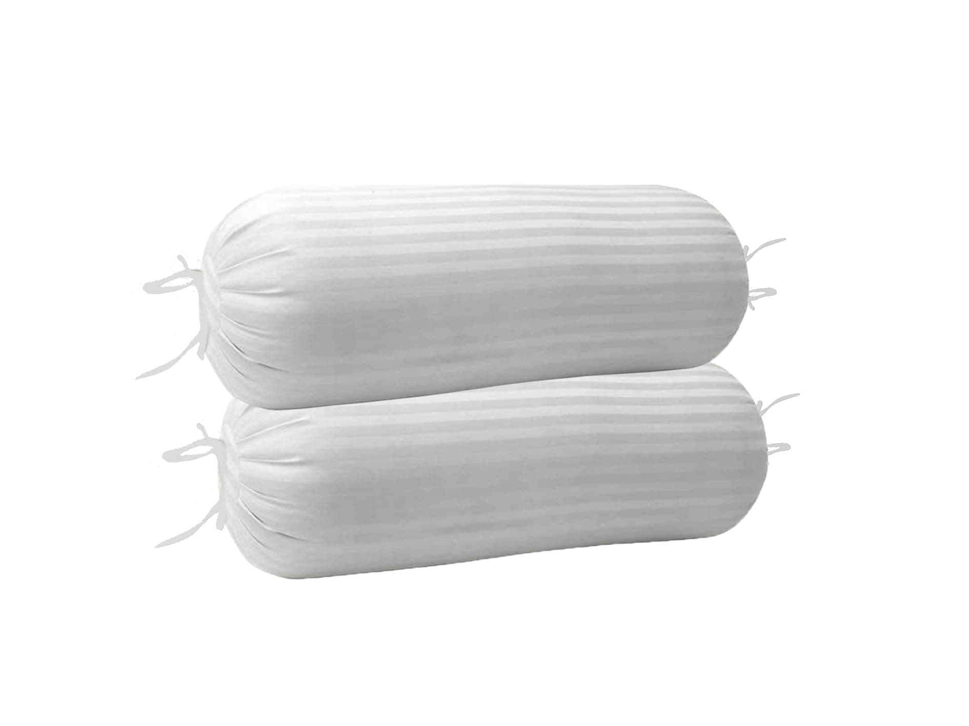 TRANCE Home Linen 100% Cotton 16x32 inch 200TC Striped Bolster Cover | Round Bed Side Long Bolster Pillow Cover to fit 24" Length 9" Dia | Pack of 2 Bolster Cover only (16x32 inch, White)