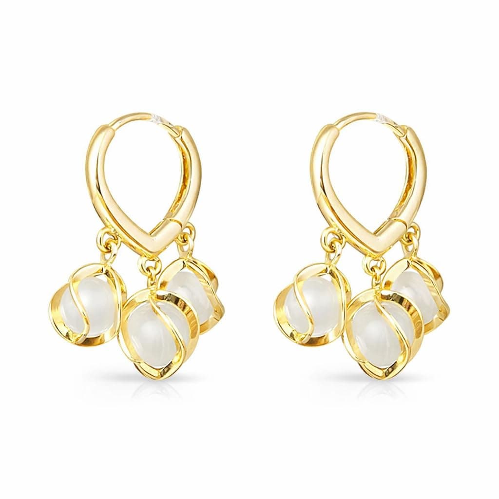 Korean Opal Drop Earrings for Women – Dangle Hoop Earrings with White Cat Eye Stone Beads – Stylish Party & Gift Jewelry