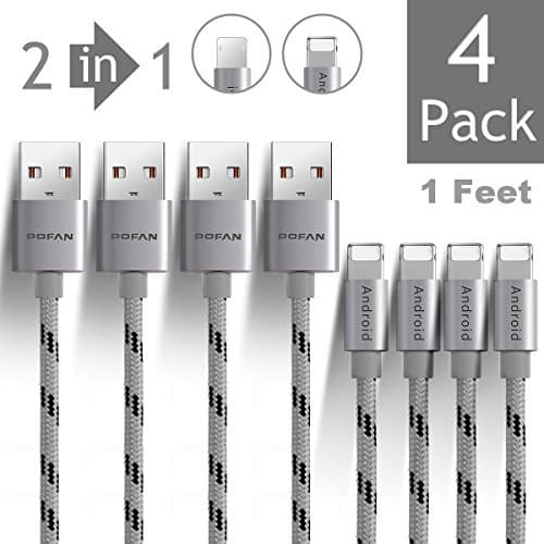 Nylon Braided Universal USB to Lightning + Micro USB Cable for both Apple and Android Phones (2-in-1 integrated interface) (Silver 1ft - 4P)