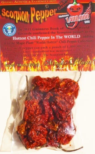 Dried Trinidad Scorpion Chili Pepper Pods - Hard to Find Limited Edition of the Hottest Pepper in the World 1,400,000 SHU (7.9gr-1/4oz) Super Hot and T Scorpion Pepper with an Amazing Test by Magic Plant [Foods]