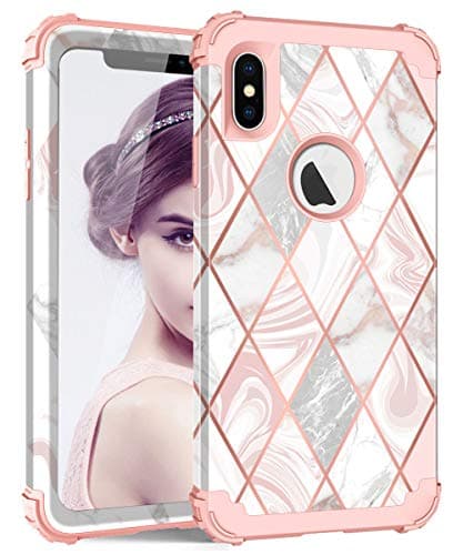 ZHK iPhone Xs Max Case for Women, Stylish Marble 3 Layer Heavy Duty Shockproof Cute Girls Anti-Scratch Protective Case Cover for Apple iPhone Xs Max 6.5 inch (2018 Release)–Rose Gold Marble