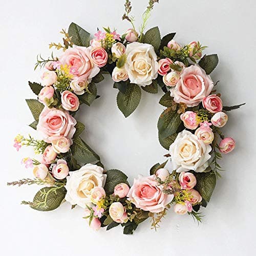 Gorei Handmade Floral 14inch Rose Camellia Wreath, Spring Wreath, Wreath for Front Door, Rustic Wreath, Farmhouse Wreath, Grapevine Wreath, Light up Wreath, Everyday Wreath