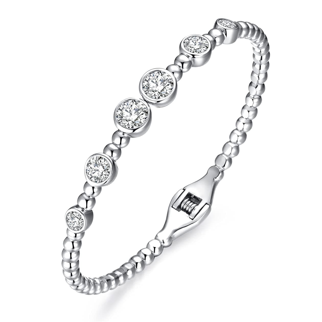 NUZON18K Gold/Silver Plated Open Cuff Oval Bangles for Women AAA Cubic Zirconia Ball Beaded Stackable Bracelets Adjustable Minimalist Jewelry