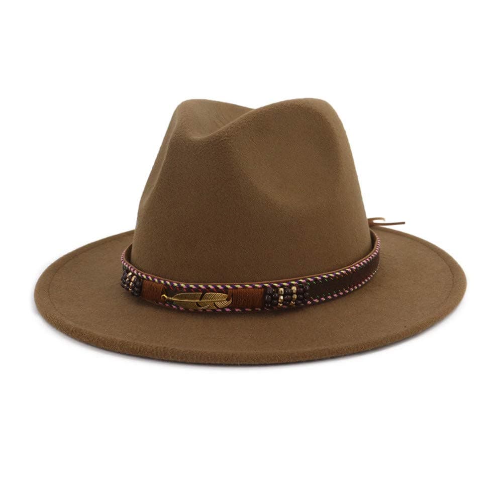 HUDANHUWEI Men Women Ethnic Felt Fedora Hat Wide Brim Panama Hats with Band