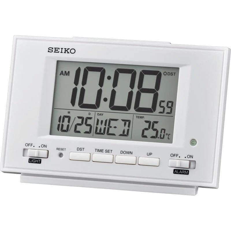 SEIKO Elegant Rectangular White Plastic Beep Alarm Digital Table Clock with Calendar, Thermometer, DST, Snooze (Size: 13.2 x 4.5 x 9 CM | Weight: 165 Gram)