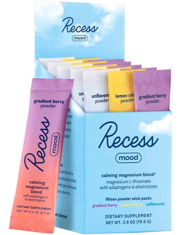 Recess Mood Powder, Magnesium L-Threonate Blend with Passion Flower, L-Theanine, Electrolytes, Magnesium Calm Support Powder Supplement -Sampler Pack, Pack of 15